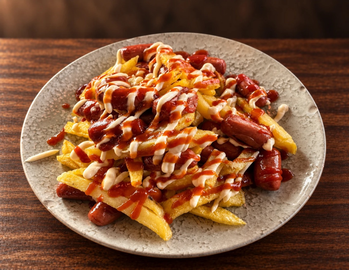 Salchipapas con salchichas, ketchup y mahonesa