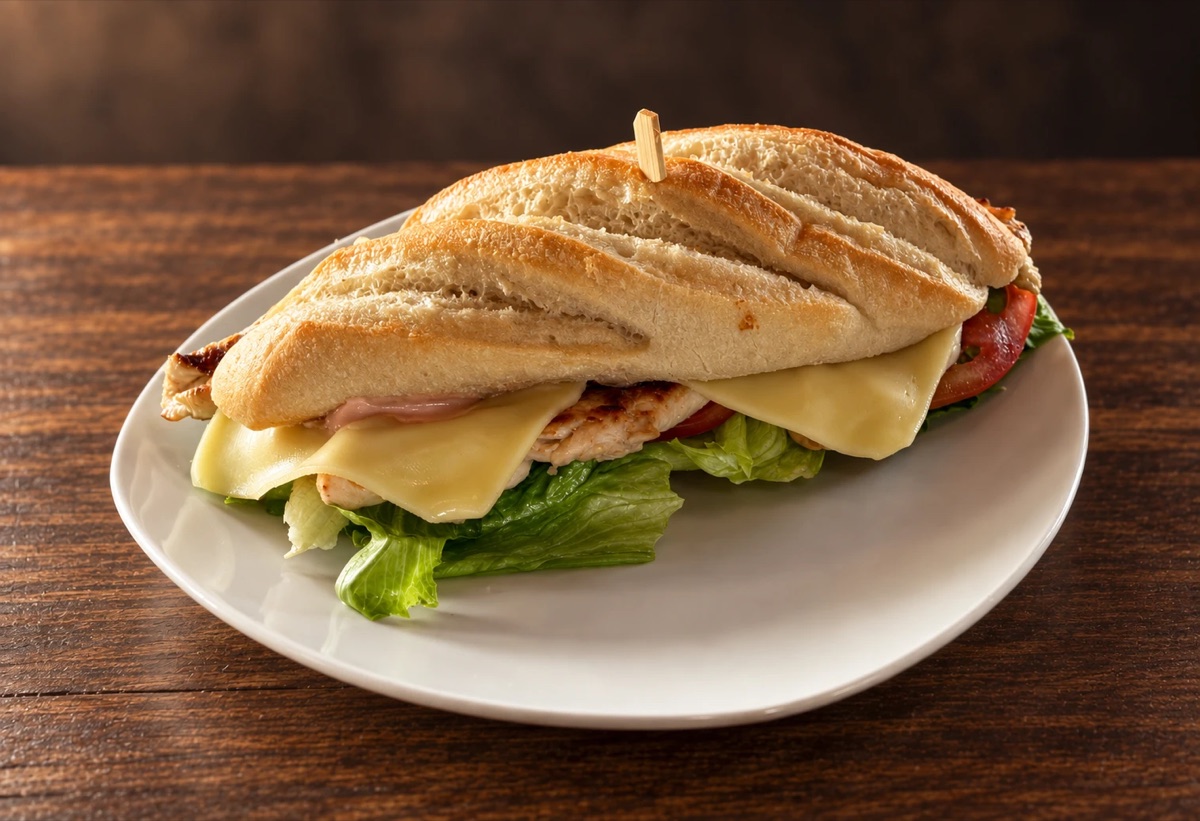 Sándwich de pollo con queso, jamón y tomate